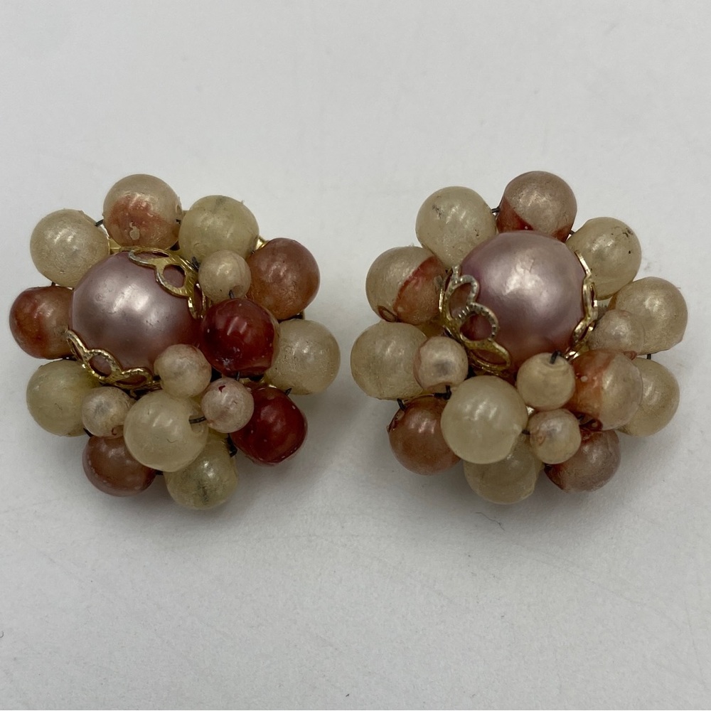 Vintage Hong Kong Faux Pink and White Pearl Cluster Clip on Earrings